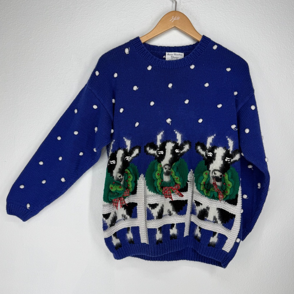 Marisa Christina Mary Engelbreit Vintage Cow Christmas Sweater Blue Womens‎ M